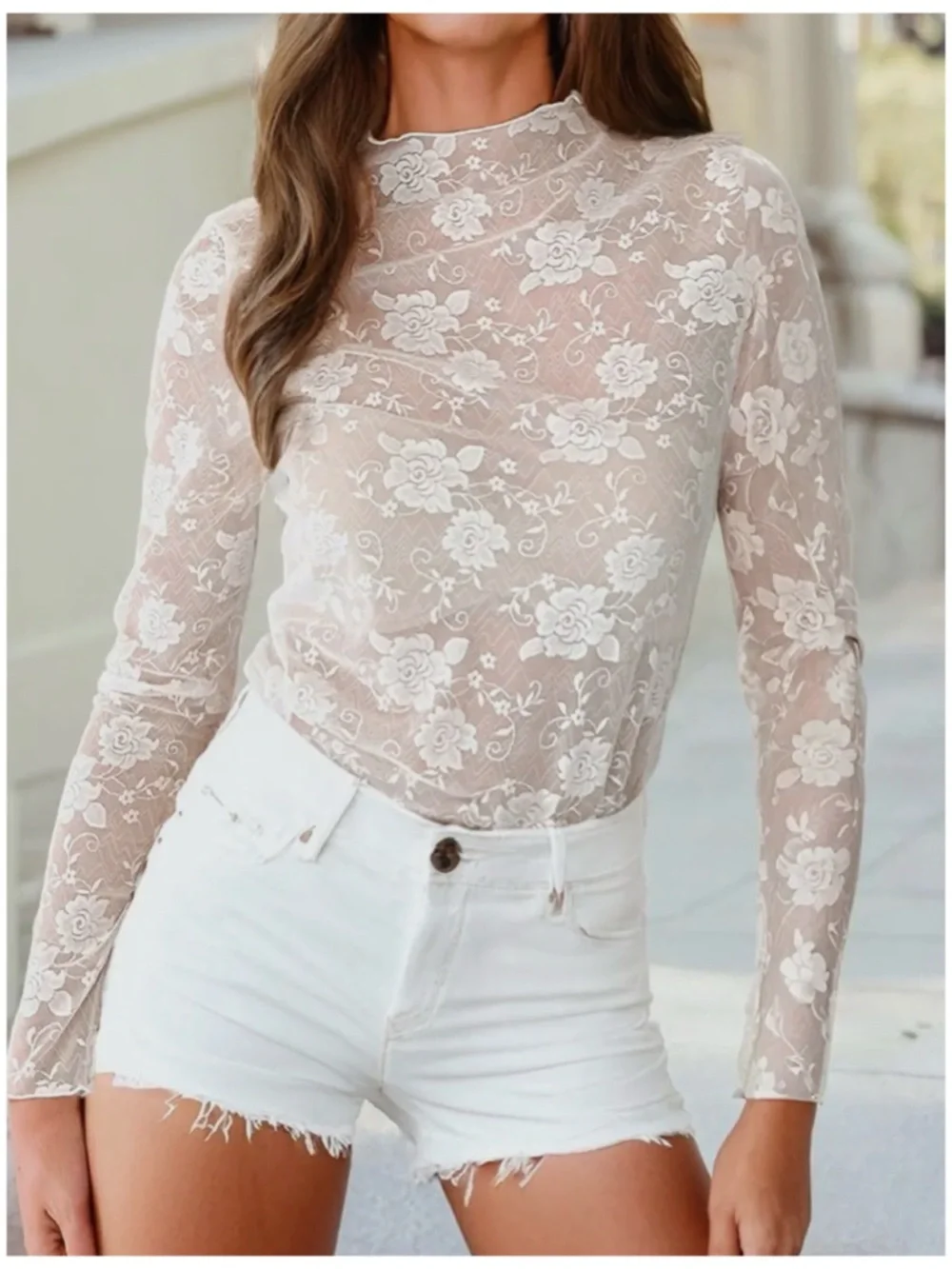 Sheer Lace Long-Sleeve Top in White - Picture 3 of 3